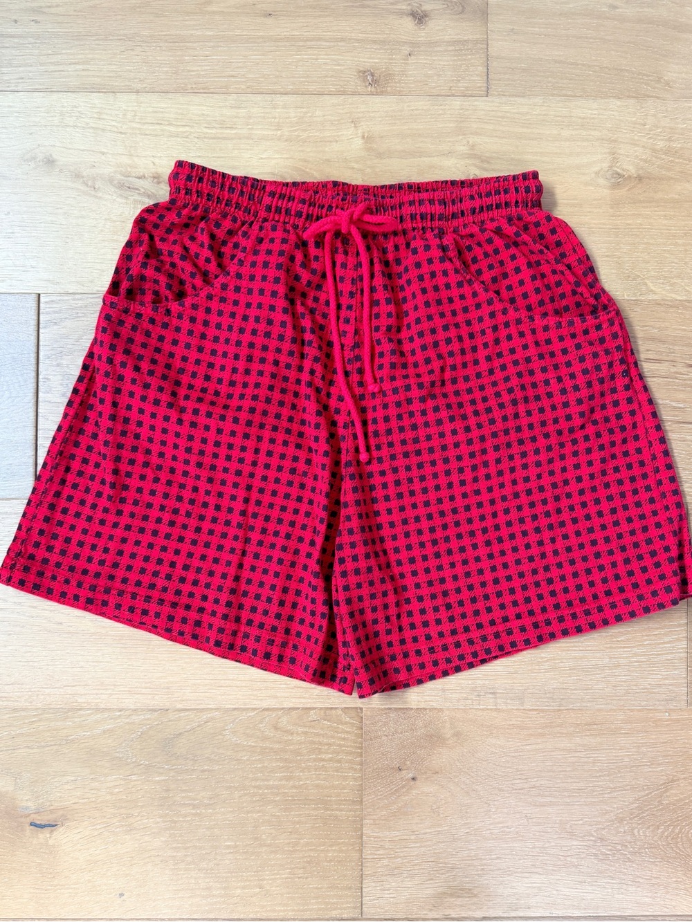 VTG Hot Cotton Red Black Houndstooth Check Drawstring Shorts 100% Cotton Medium